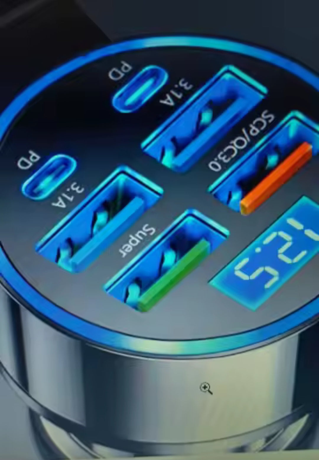 66 250W PD Car charger QC 3.0. Fast charge 1 to 6 Car cigarette lighter plug charger Flashcharge with digital display.